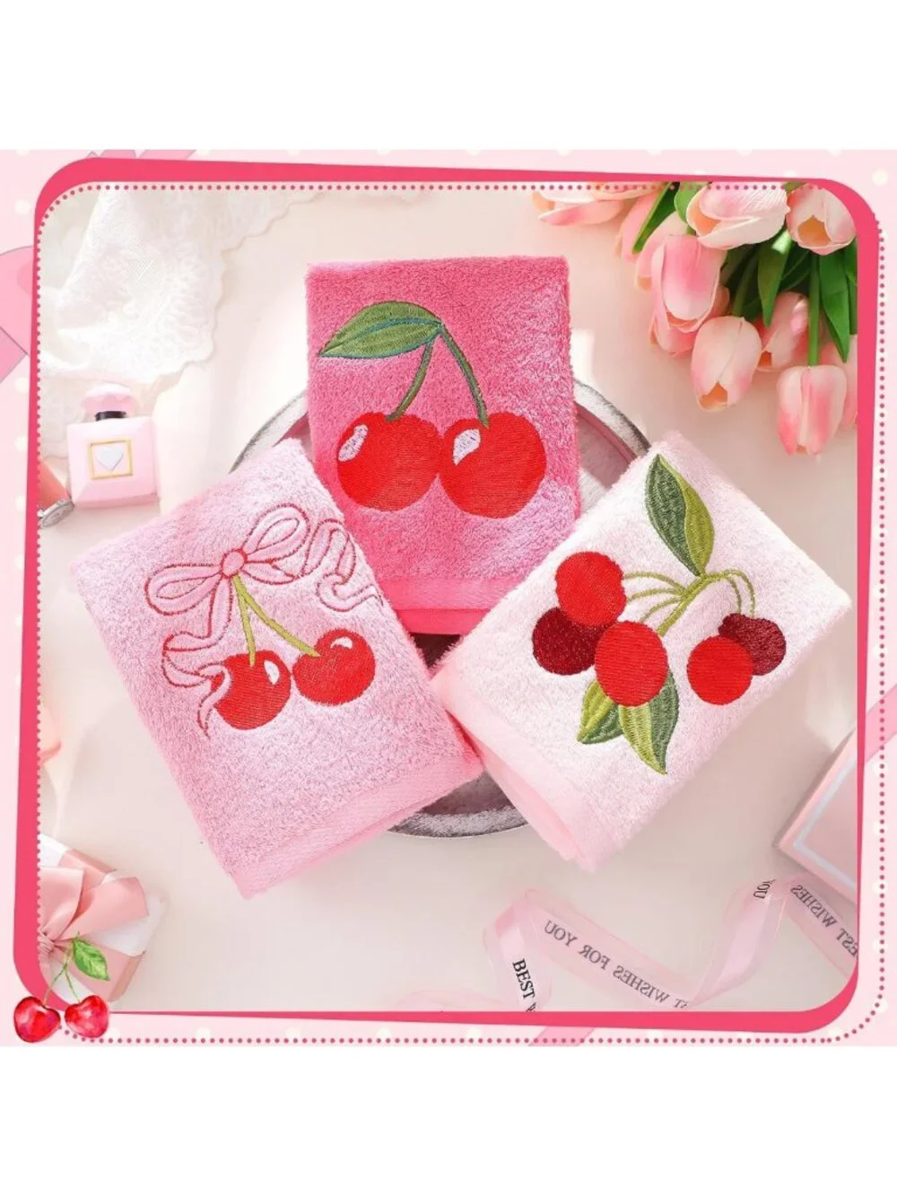 Set of 3 Cherry Hand Towels - Soft Cotton, Embroidered, Pink Bow, Spring Decor